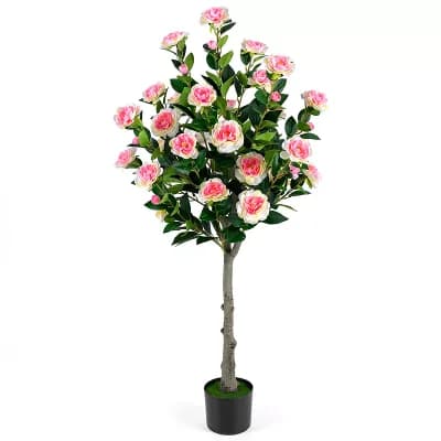 Costway 1 pc 50.5” Artificial Camellia Tree with 27 Camellia Blossoms in Cement-Filled Pot