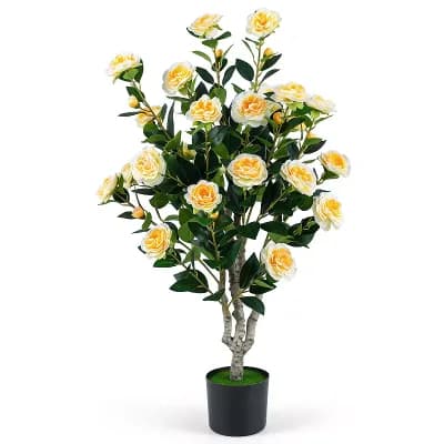 Costway 1 pc 39.5” Artificial Camellia Tree, Faux Flower Plant Tree in Cement-Filled Pot