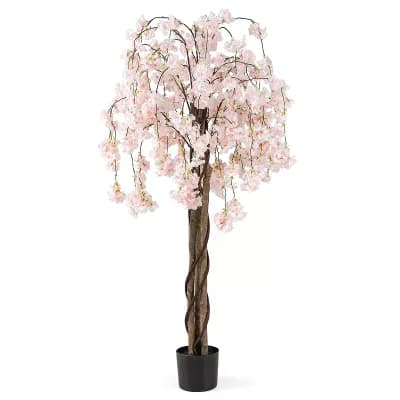 Costway 1 pc 5.5 FT Tall Artificial Cherry Blossom Tree with Pink Flowers Fake Potted Tree White