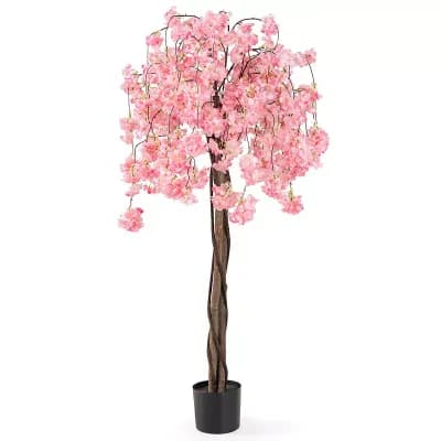 Costway 1 pc 5.5 FT Tall Artificial Cherry Blossom Tree with Pink Flowers Fake Potted Tree Pink