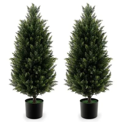 Costway 2 Pack 37.5" Artificial Topiary Cedar Tree with Cement Plastic Pot & Realistic Moss