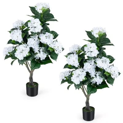 Costway 2-Pack Artificial Hydrangea Tree, 43.5" Faux Flower Plants with 11 Blooms&Trunk