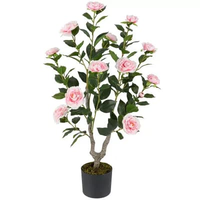 Costway 1 pc 36" Artificial Camellia Tree Fake Potted Tree Greenery Floral Plant Modern Pink