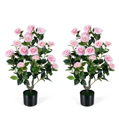 Costway 2-Pack Artificial Camellia Tree, 35.5" Faux Flower Plant in Cement-Filled Pot Pink