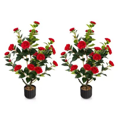 Costway 2-Pack 38" Artificial Camellia Tree Faux Floral Plant for Decoration Red