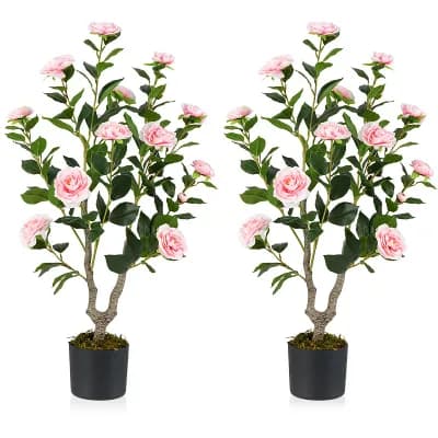 Costway 2 pc 36" Artificial Camellia Tree Fake Potted Tree Greenery Floral Plant Modern Pink