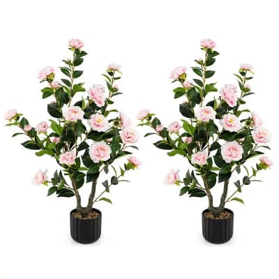 Costway 2 pc 38" Artificial Camellia Tree Faux Floral Plant Fake Tree for Decoration Pink