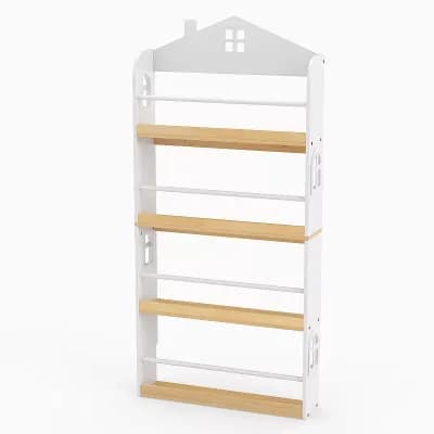 Costway 4 tier House-Shaped Kids Bookshelf with Anti-falling Baffles Metal Bars for Nursery