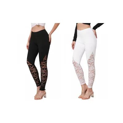 2 Packs Lace Leggings for Women See Through Elastic Waist Stretchy Slim Fit Skinny Pants Trousers