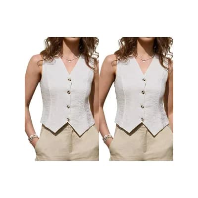 2 Packs Linen Vest for Women Sleeveless Button Down V Neck Lightweight Casual Waistcoat Vests