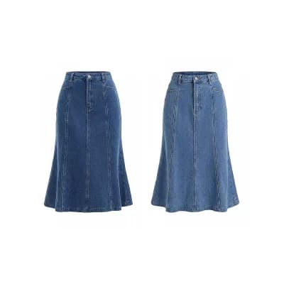 2 Packs Women's Denim Skirt High Waisted A-Line Fishtail Casual Midi Jean Skirts