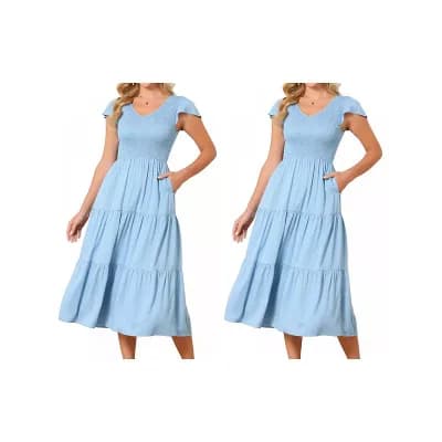 2 Packs Women's Smocked Dress Flutter Sleeve V Neck Summer A Line Elastic High Waist Midi Dresses