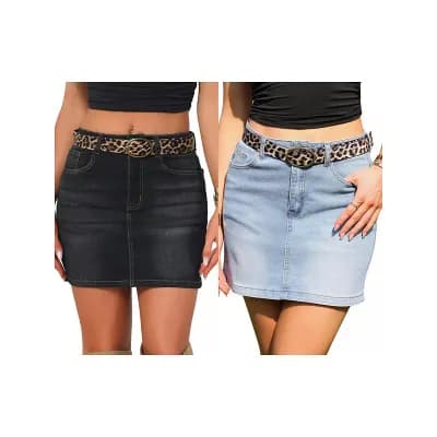 2 Packs Denim Skirts for Women's Casual Stretchy Mini Jean Skirt with Belted