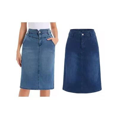 2 Packs Denim Skirt for Women Casual Back Slit Stretchy High Waisted Midi Jean Skirt