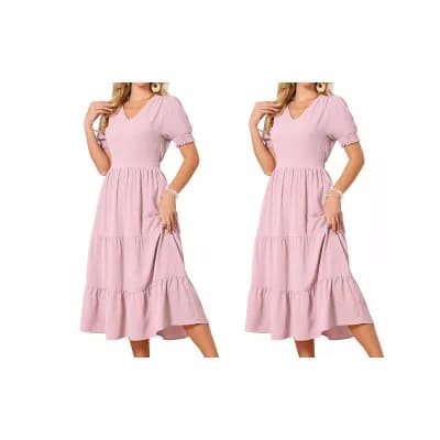 2 Packs Women's Summer Dress Short Sleeve V Neck A-Line Smocked Ruffle Tiered Flowy Beach Midi Dress