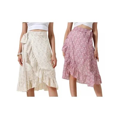 2 Packs Floral Midi Skirt for Women's Summer Casual Ruffle Hem Tie Knot A-Line Flowy Skirts