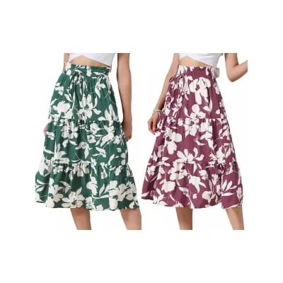 2 Packs Floral Midi Skirt for Women's Summer Elastic Waist Dressy Casual A-line Boho Skirts
