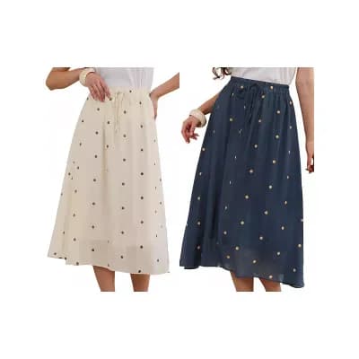 2 Packs Vintage Polka Dots Skirt for Women's Casual Pleated A-Line Elastic Waist Midi Skirts