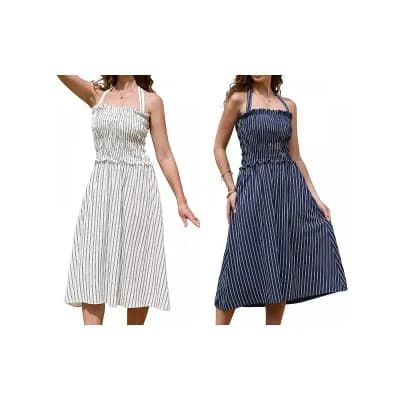 2 Packs Midi Dress for Women Halter Neck Summer Smocked Striped Dresses