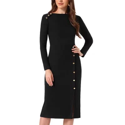Elegant Women's Long Sleeve Knit Midi Dress with Button Decor