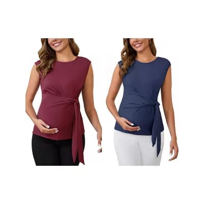2 Packs Women's Maternity Tie Waist Blouse Cap Sleeve Summer T-Shirt Office Work Baby Shower