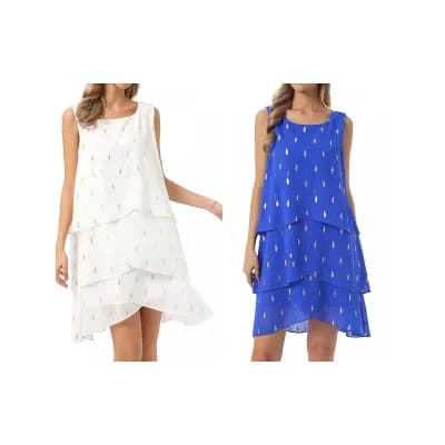 2 Packs Women's Chiffon Dresses Sleeveless Crewneck Metallic Foil Print Tiered Layered Dress