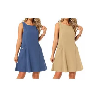 2 Packs Women's Linen Dress Summer Sleeveless Sundress Loose Flowy Mini Tank Dress with Pockets