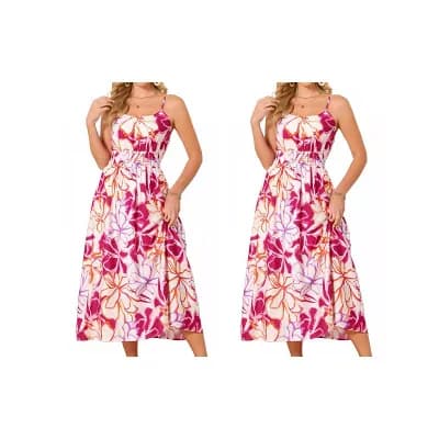 2 Packs Women's Summer Floral Dress Casual Sleeveless Spaghetti Strap Smocked Crewneck Midi Dresses
