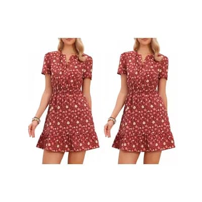 2 Packs Floral Dress for Women V Neck Smocked Waist Above the Knee Tiered Dress