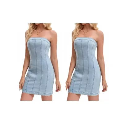 2 Packs Women's Denim Dress Strapless Western Outfit Bodycon Tube Mini Jean Dresses