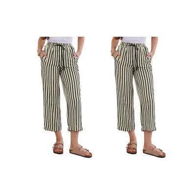 2 Packs Striped Pants for Women High Waisted Elastic Waist Wide Leg Casual Pants