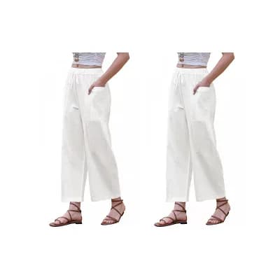 2 Packs Women's Wide Leg Pants Summer Casual Elastic Waist Drawstring Cotton Trousers with Pockets