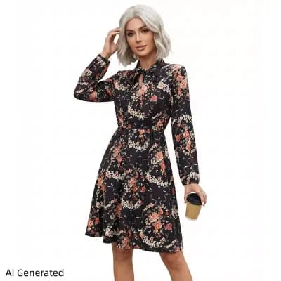Women’S Floral Lace‑Up Waist Mini Dress, Long‑Sleeve Pleated Ruffled Hem Elegant Outfit