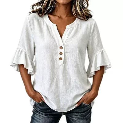 Women's Casual Ruffle 3/4 Sleeve Henley V Neck Blouse Loose Fit T‑Shirt Top With Button