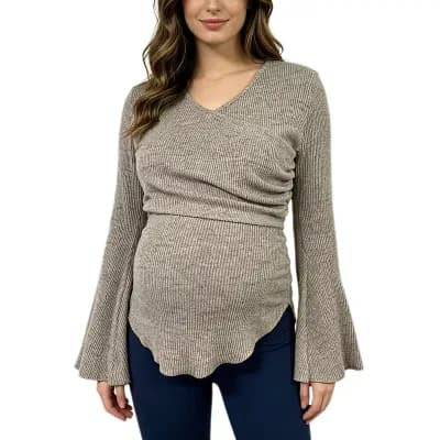 Women's Maternity Wrap V Neck Top Long‑Sleeve Irregular Hem Ribbed Fitted Pregnancy Blouse