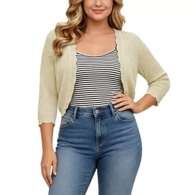 Women's Plus Size 3/4‑Sleeve Cropped Knit Shrug Ruffled‑Edge Open Front Casual Cardigan