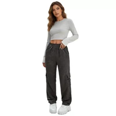 Women Knit Cargo Sweatpants Elastic Waist Loose Straight Trousers with Pockets Casual Sport Bottoms
