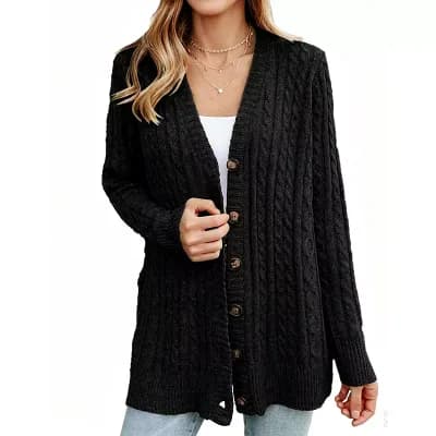 Women's V Neck Cable Knit Cardigan Mid Length Button Down Long Sleeve Casual Sweater Coat