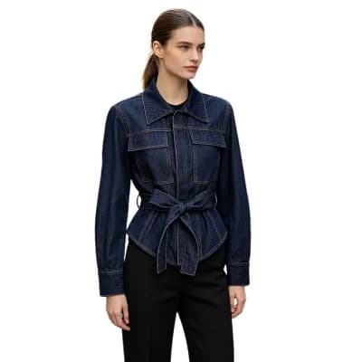 Women's Casual Lapel Long Sleeve Denim Jacket Waist Tie Curved Hem Slim Coats With Pockets