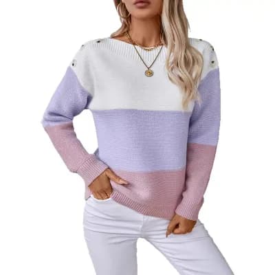 Women Color Block Off Shoulder Button Pullover Sweater Autumn Casual Loose Long Sleeve Knit Tops