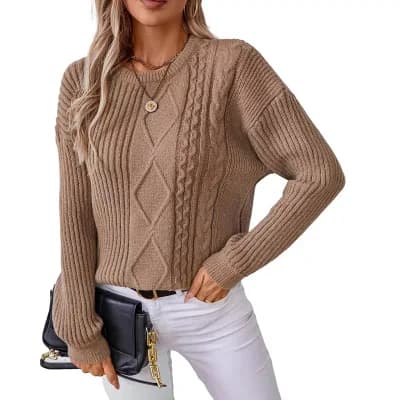 Women Vintage Twist Knot Pullover Sweater Cable Knit Soft Long Sleeve Casual Autumn Daily Tops