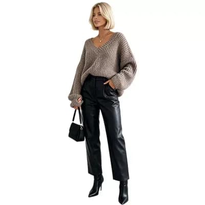 Women Deep V-Neck Long Sleeve Oversized Loose Fit Chunky Knit Pullover Sweater
