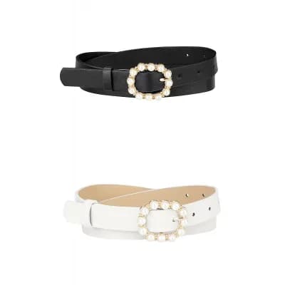 2 Packs Women's Pearl Waistband Skinny Leather Adjustable Pin Buckle Belt for Jeans Dresses Pants