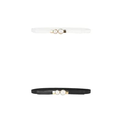 2 Packs Women Skinny Stretchy Waist Belt, Gold Pearl Buckle Elastic Thin Waistband for Dress