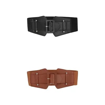 2 Packs Women's Wide Stretchy Waist Belt Vintage Elastic Chunky Buckle Belts for Dress