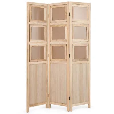 Costway 67” 3 Panel Room Divider with Paulownia Wood Photo Frames Metal Hinges for Home