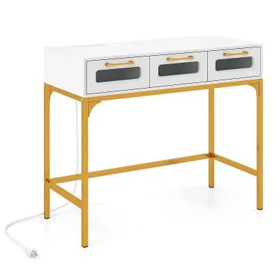 Costway Console Table with LED Lighting & Charging Station,Entryway Table with 3 Drawers
