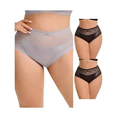 3 Packs Womens High Waisted Underwear Lace Mesh Briefs Soft Plus Size Panties
