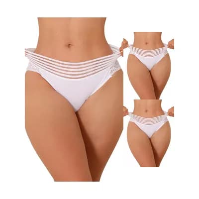 3 Packs Womens Mesh Striped Underwear Mid Waisted Lace Briefs See Through Panties