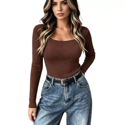 Women's Ribbed Knit Pullover Sweater Causal Square Neck Long Sleeve Basic Layering Top